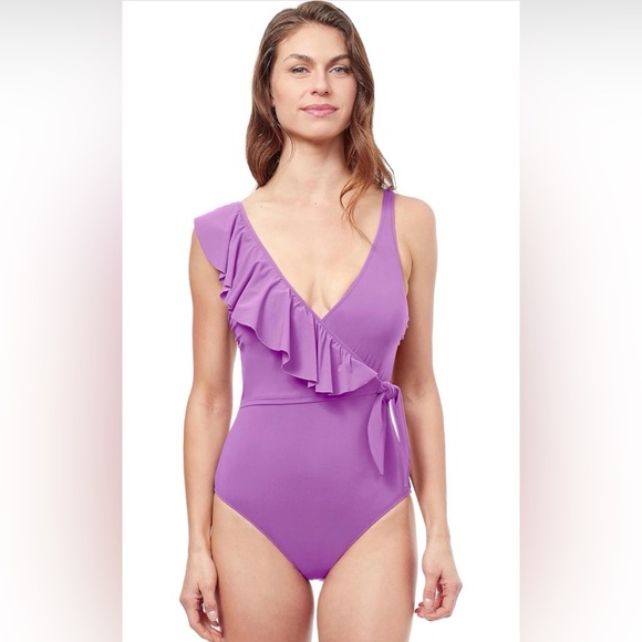Profile By Gottex Other - Profile By Gottex Purple Tutti Frutti V Neck Ruffle One Piece Swimsuit Size 16